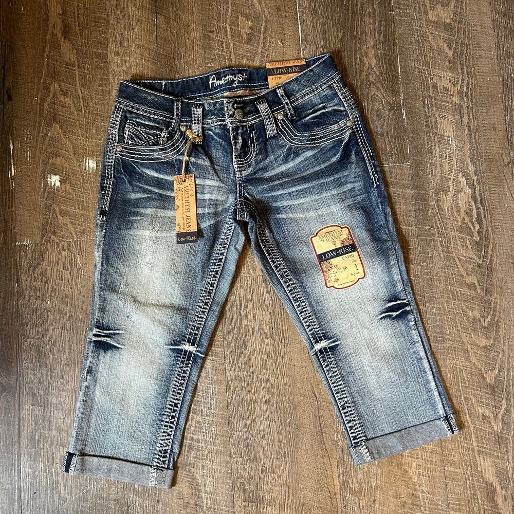Amethyst Jeans Y2K Low Rise Size 1 Regular Cuffed Distress Blue Washed